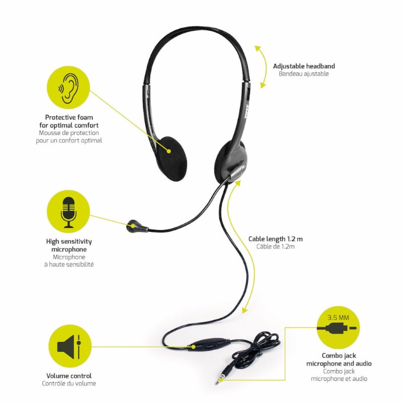 Port Stereo Headset with Mic with 1.2m Cable|1 x 3.5mm|Volume Controller – Black