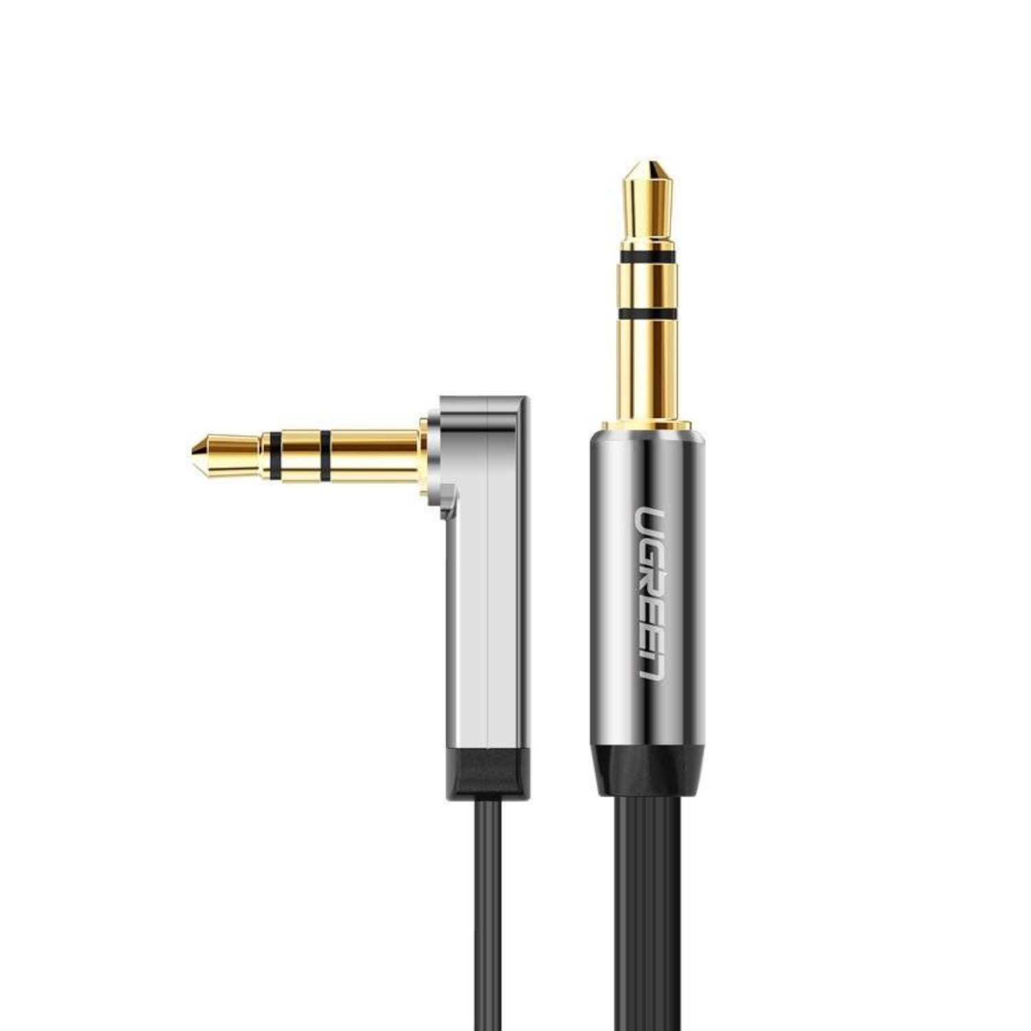 UGREEN AV119 Right-angled 3.5mm Flat Aux Cable 2m – Black/Silver