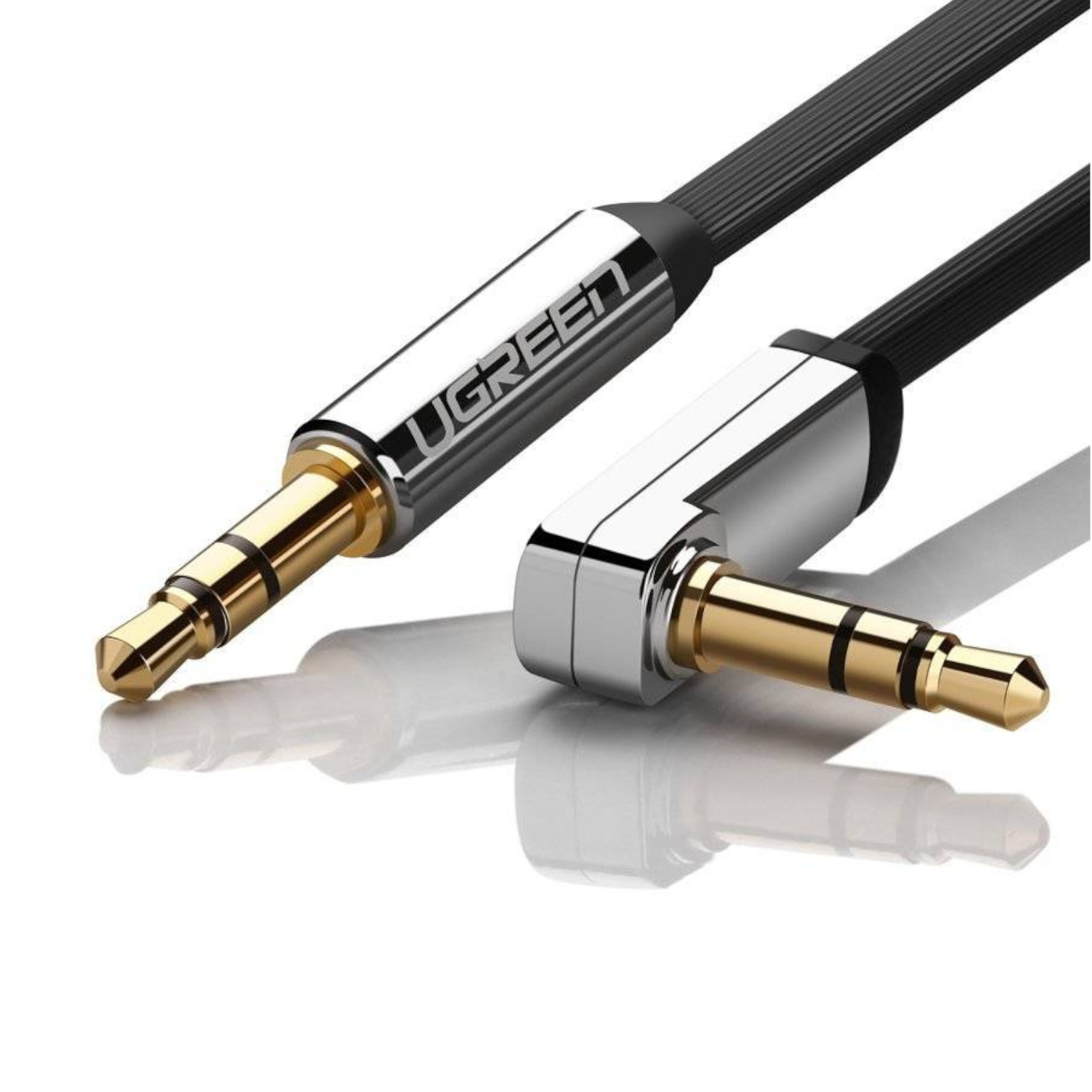 UGREEN AV119 Right-angled 3.5mm Flat Aux Cable 2m – Black/Silver